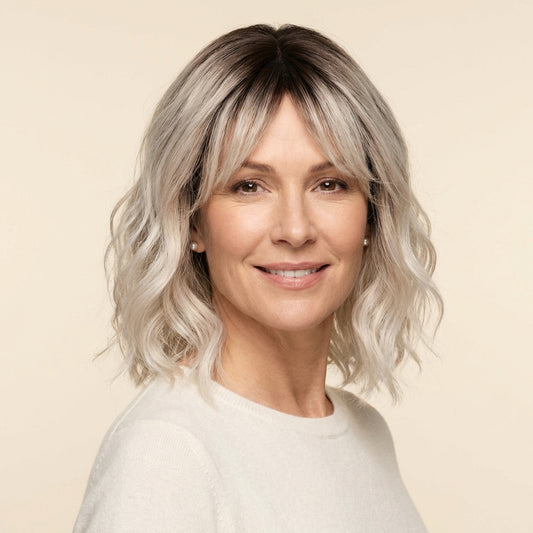 Joyce model — shadow-root bob with beachy waves and bangs