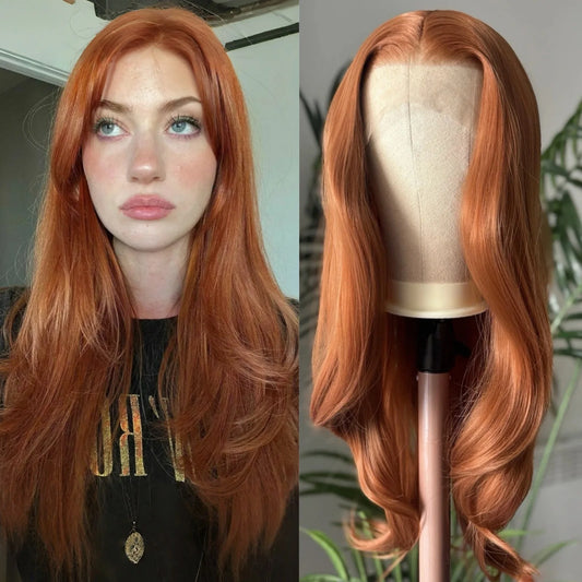 Autumn auburn long wavy wig — model + mannequin