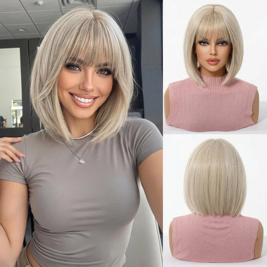 Ivory blonde bob wig with bangs — 3 views